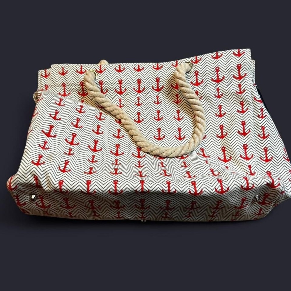 Nautical inspired tote bag with red anchor print, rope handles‎